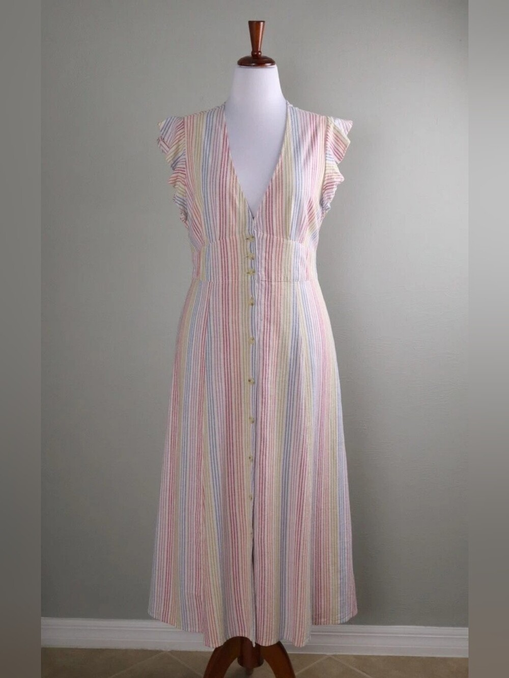 Lightweight Pastel Stripe Button-Front Midi Dress